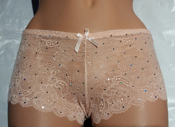 Sexy Plus-Size Lace Boyshorts with Sequins - Peach