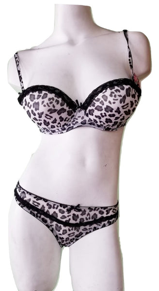 Push-Up Bra & Panty Set - Black & White Leopard Print