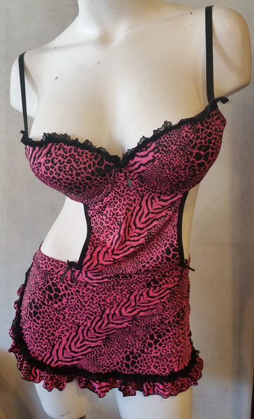 Womens Slinky Pink Apron Front Lingerie Animal Print with G-String Panty Set