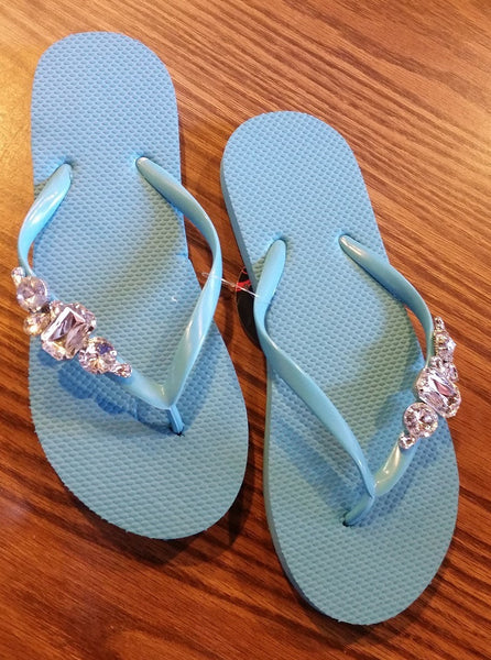 Womens Solid Color Flip Flops with Glamourous Large Gem Adornments