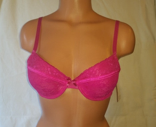 Hot Pink Push-Up Bra with Lace Overlay and Polka Dot Bow