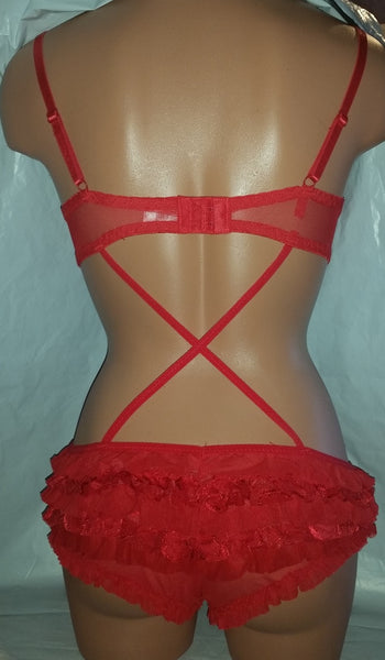 Sexy Lacey Ruffly Bodysuit Criss-Cross - Red