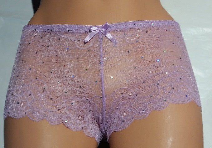 Sexy Plus-Size Lace Boyshorts with Sequins - Lavendar
