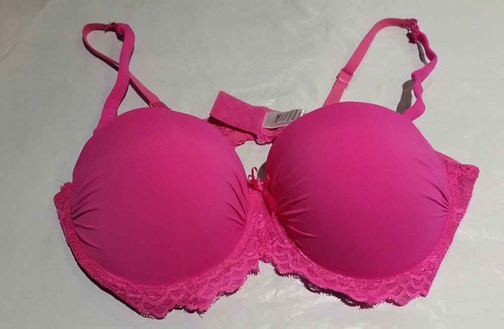 Smooth Hot Pink Push-Up Rouched-front Bra with Lace Trim - Size