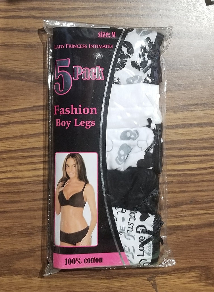100% Cotton Fashion Panties 5 Pack Boyleg Black & White Prints