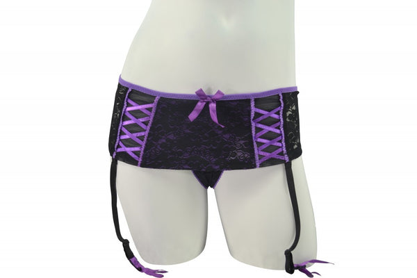 Sexy Skirted Thong Panty with Garters - Purple & Black