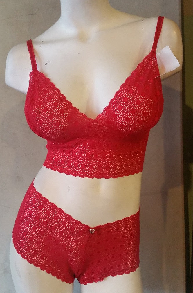 Sexy Short 2 Piece Cami Bralette and Boyshort Set Red Lace