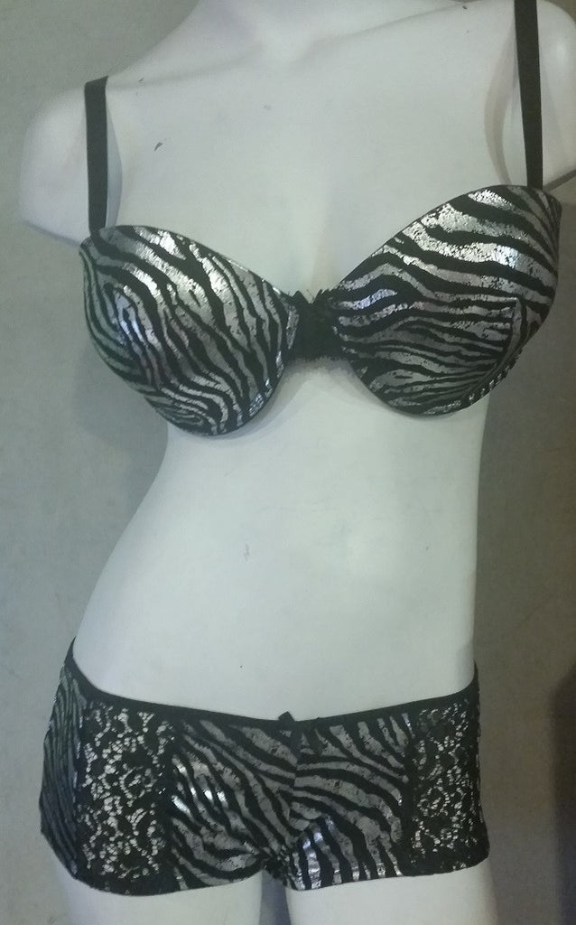 Plus-Size Bra and Panty Set Silver Zebra Stripe