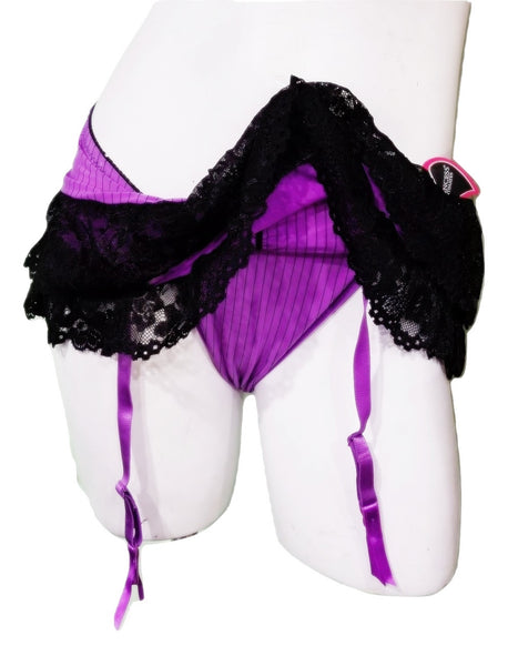 Satiny Purple & Black Mesh Skirted Thong