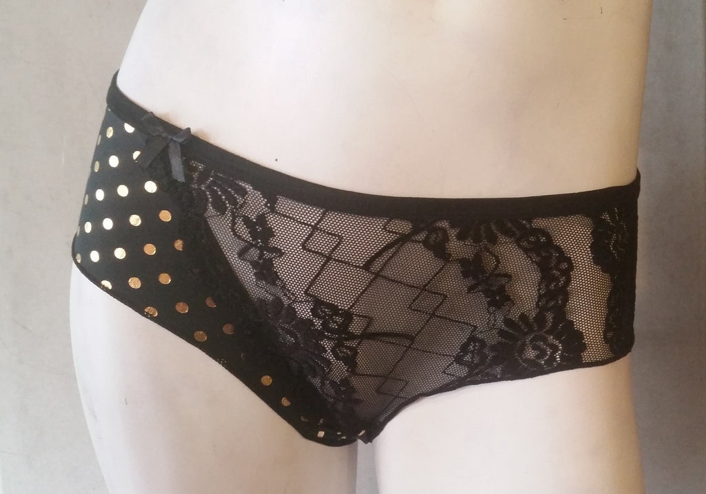 Black Mesh & Lace Panties with Gold Dots