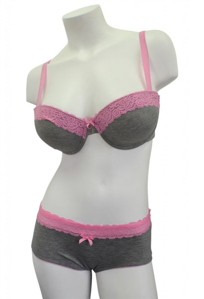 Plus-Size Gray & Pink T-shirt Fabric Bra & Panty Set