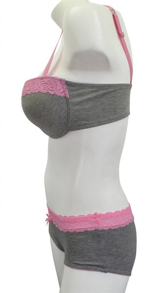 Plus-Size Gray & Pink T-shirt Fabric Bra & Panty Set