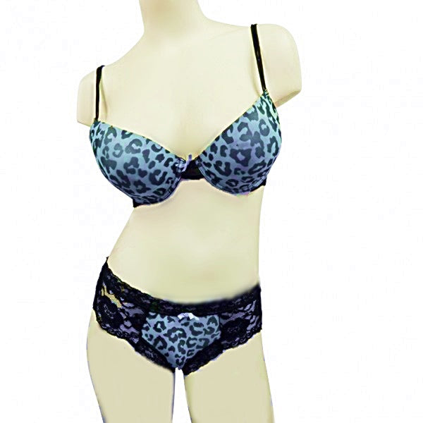 2 Piece Leopard & Lace Bra & Panty Set - Blue