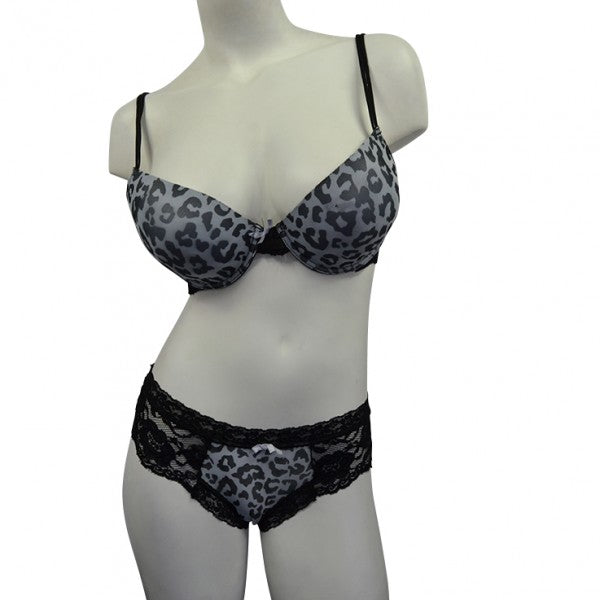 2 Piece Leopard & Lace Bra & Panty Set - Gray