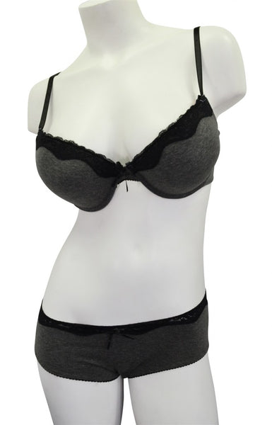 Gray & Black T-shirt Fabric Bra & Panty Set