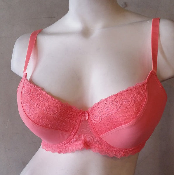 Plus-Size Sexy Fashion Full Coverage Lacey Padded Bra - Bright Coral