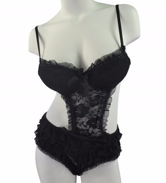 Sexy Lacey Ruffly Plus-Size Bodysuit CrissCross - Black - Size 2X