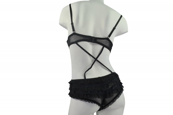 Sexy Lacey Ruffly Plus-Size Bodysuit CrissCross - Black - Size 2X