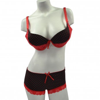 Red & Black Dots & Lace Plus Size Bra & Panty Set