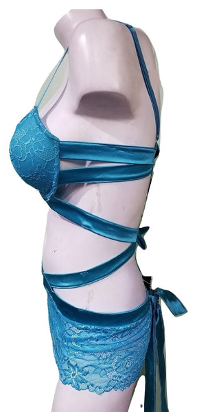 Turquoise Triple Bow Bind-Me-Up Apron & Thong Set