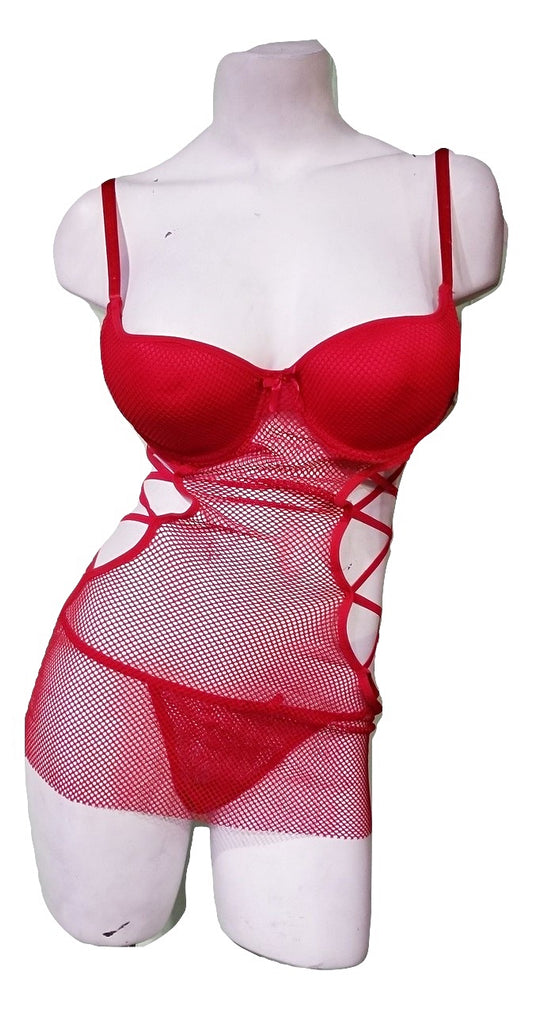 2 Piece Red Fishnet Mesh Dress & Thong