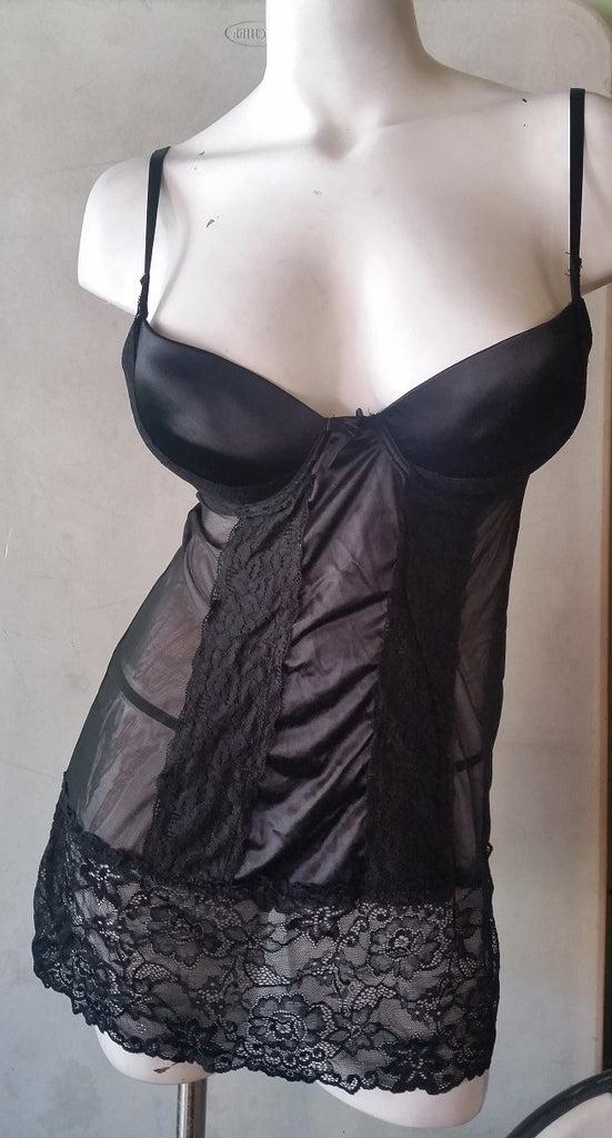 2 Piece Satin and Lace Black Push-up Babydoll