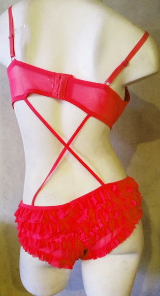 Sexy Lacy Ruffly Bodysuit CrissCross - RED