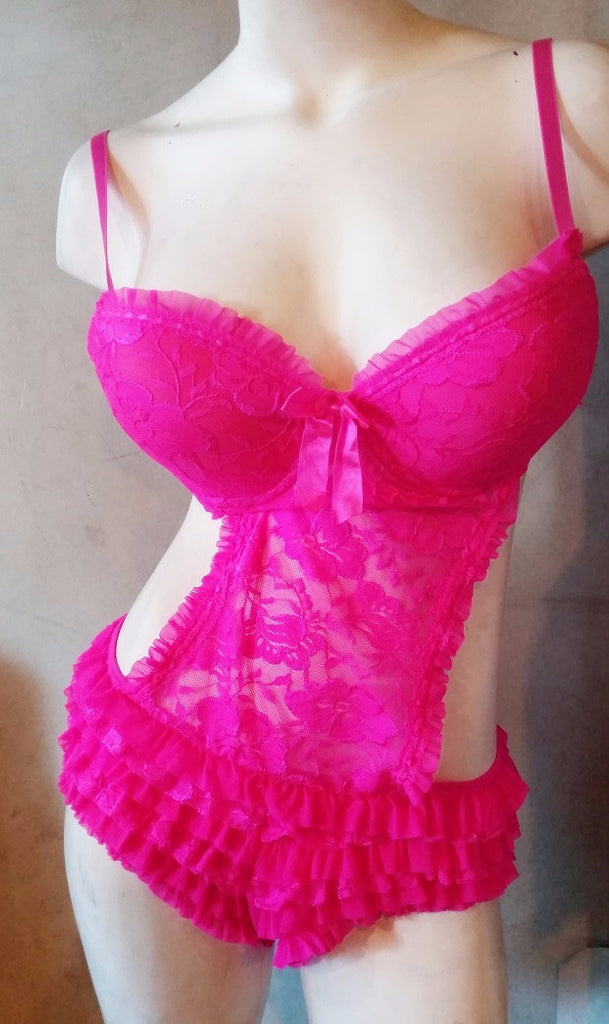 Sexy Lacy Ruffly Plus-Size Bodysuit CrissCross - Pink