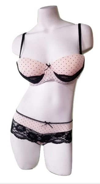 2 Piece Swiss Dots Bra & Panty Set - Soft Peach