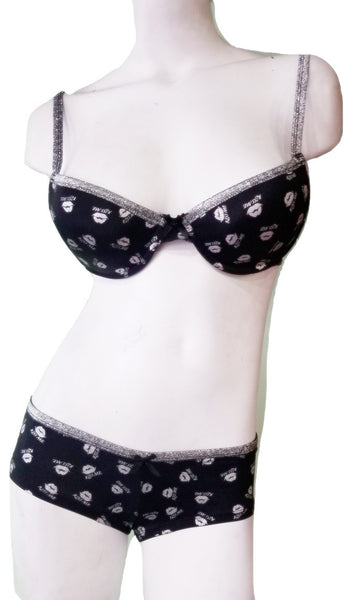 Black & Silver Bra & Panty Set - Kiss Me Lips