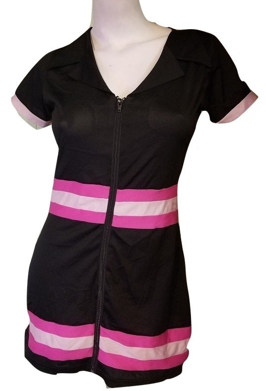 Slinky Black Zip-Front Dress with Pink Stripes