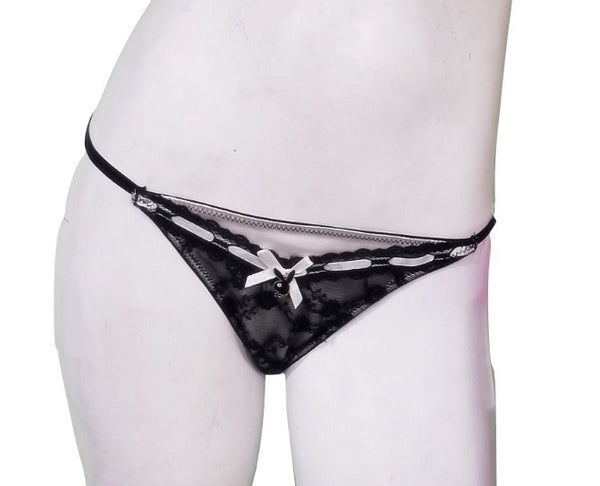 Playboy Thong - White Satin Black Lace