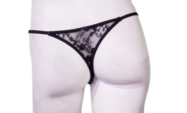 Playboy Thong - White Satin Black Lace