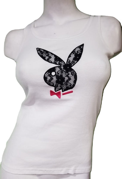 Playboy Tank Top with Black Lace Overlay