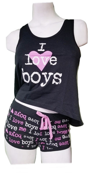 Flirty Short PJ Set - I Love Boys - Black
