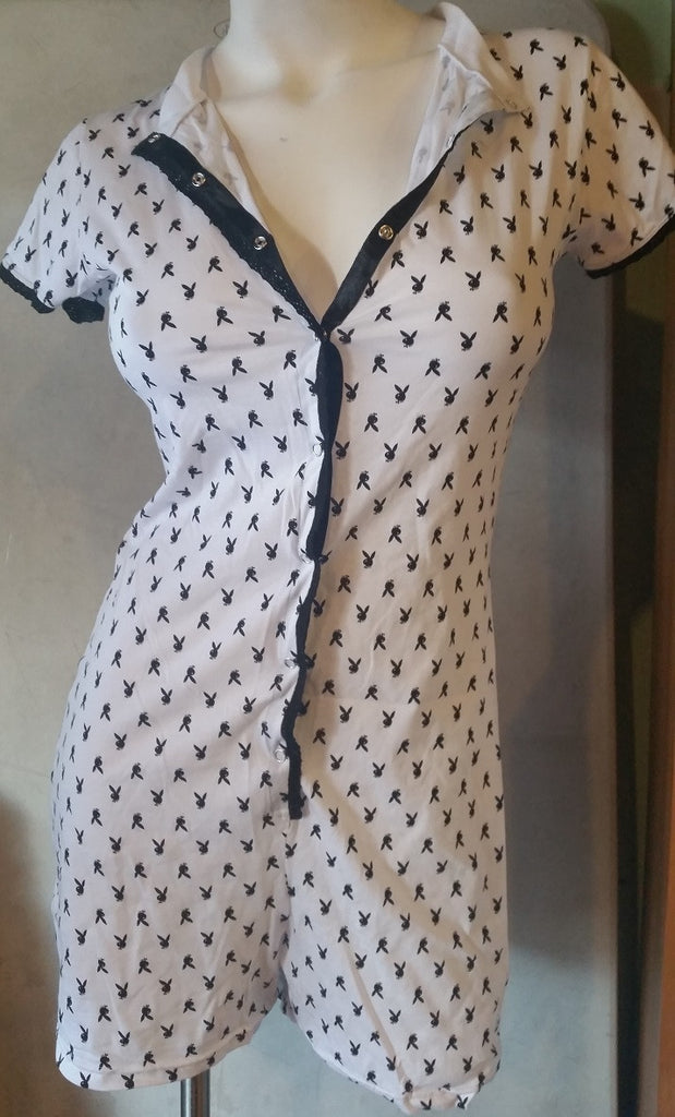 Black and White Snap-Front PJ Romper - Bunny Motif