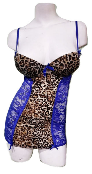 2 Piece Leopard & Blue Lace Chemise & Thong Set
