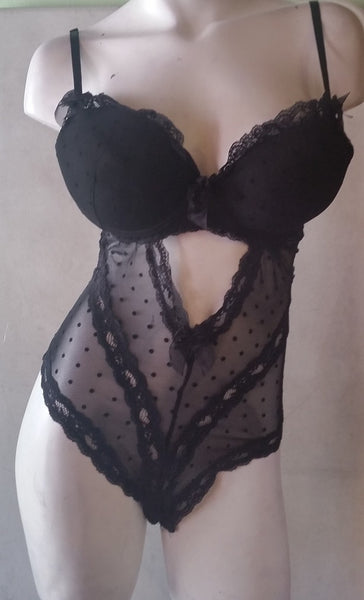 Women's Sexy Black Mesh Peek-a-Boo Teddy