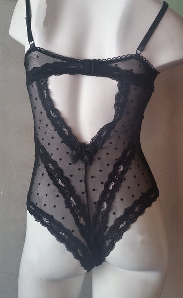 Women's Sexy Black Mesh Peek-a-Boo Teddy