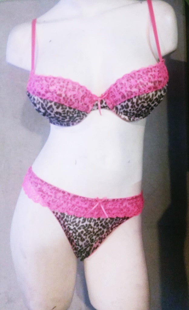 Sexy 2 Piece Leopard and Pink Lace Bra & Panty Set