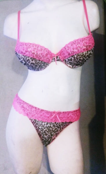 Sexy 2 Piece Leopard and Pink Lace Bra & Panty Set