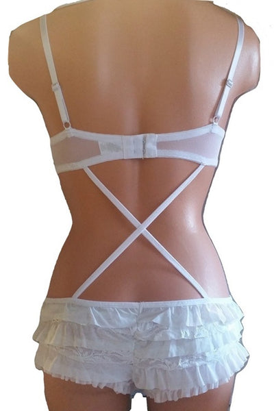 Sexy Lacy Ruffly Bodysuit CrissCross - White